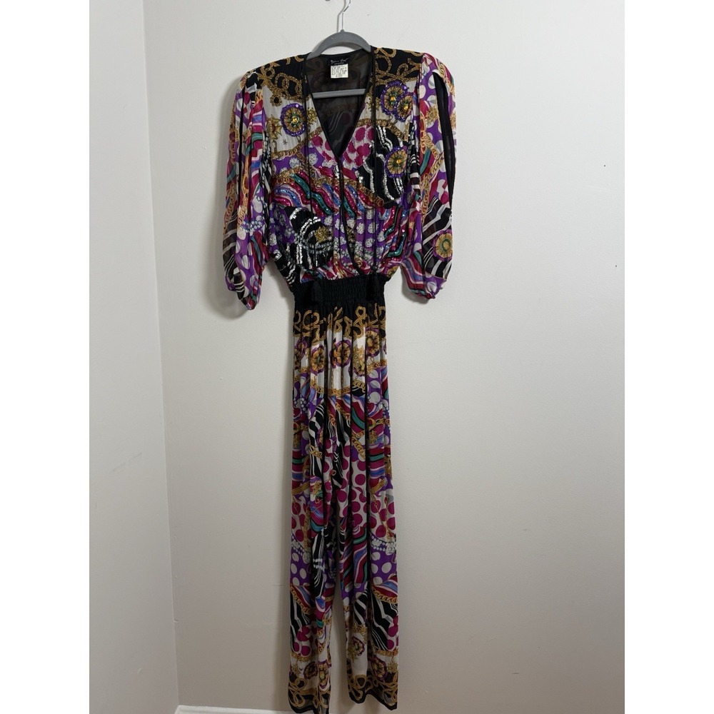 1980's Diane Fres Original Ladies All Silk Jumpsuit Colorful Beaded Patterned